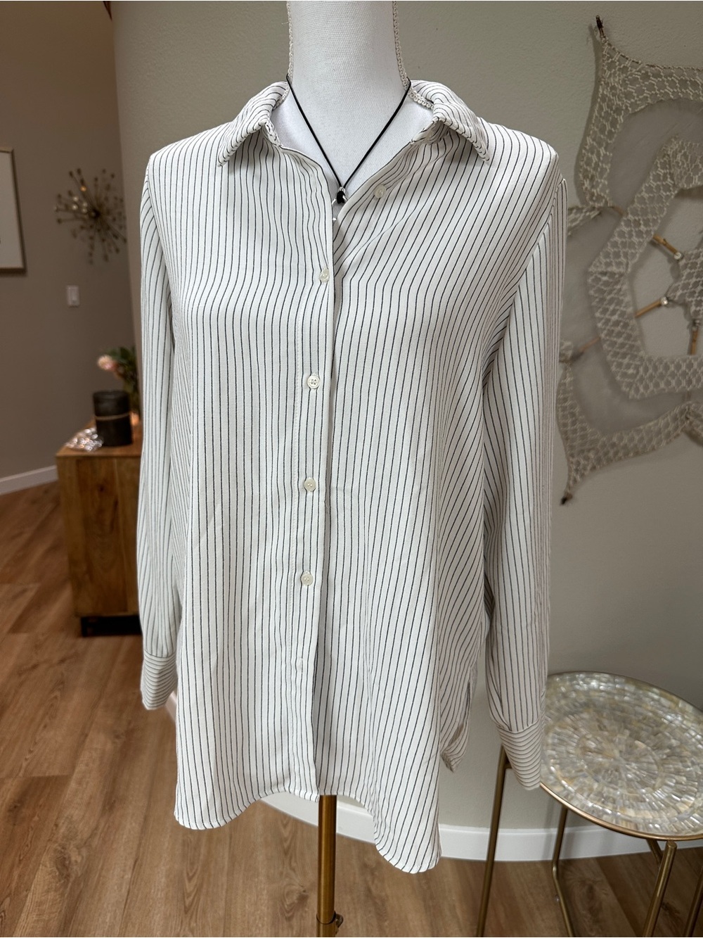 Adrienna Papell Classic Button Down Pinstripe Collared Shirt
